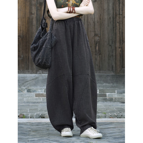 棉麻褲子春秋新款休閒寬鬆大碼長褲女式濶腿燈籠褲打坐禪修太極褲