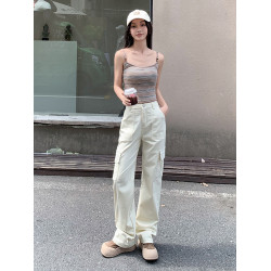 卡其色高腰美式窄版直筒工裝褲女春季新款復古休閒濶腿拖地牛仔褲