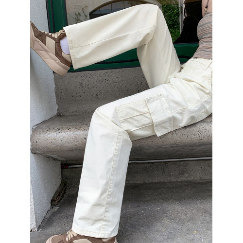 卡其色高腰美式窄版直筒工裝褲女春季新款復古休閒濶腿拖地牛仔褲