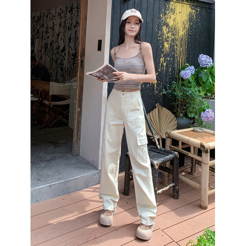 卡其色高腰美式窄版直筒工裝褲女春季新款復古休閒濶腿拖地牛仔褲