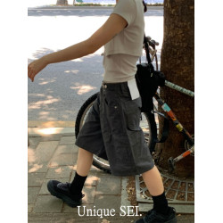 Unique SEI街頭帥氣暗紋薄款男友風工裝口袋休閒美式五分中褲短褲