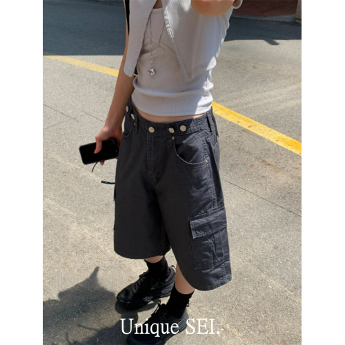 Unique SEI街頭帥氣暗紋薄款男友風工裝口袋休閒美式五分中褲短褲