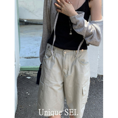 Unique SEI街頭帥氣暗紋薄款男友風工裝口袋休閒美式五分中褲短褲