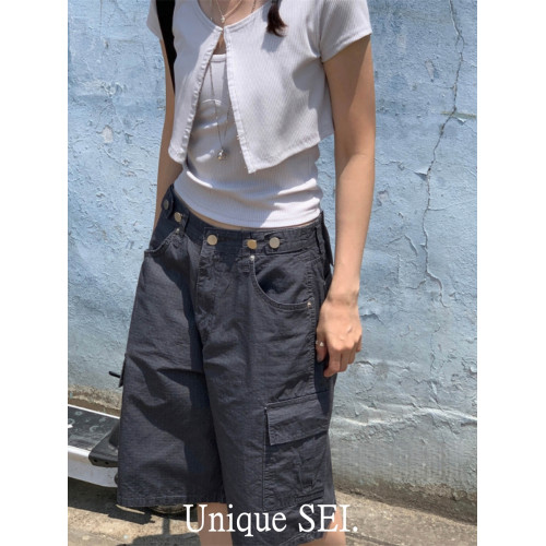 Unique SEI街頭帥氣暗紋薄款男友風工裝口袋休閒美式五分中褲短褲