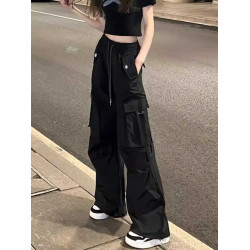 美式高街黑色工裝褲女早秋新款大碼胖MM降落傘登山褲子濶腿運動褲