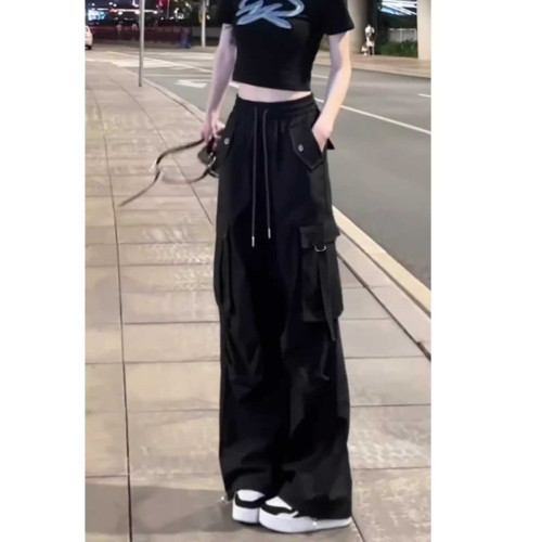 美式高街黑色工裝褲女早秋新款大碼胖MM降落傘登山褲子濶腿運動褲