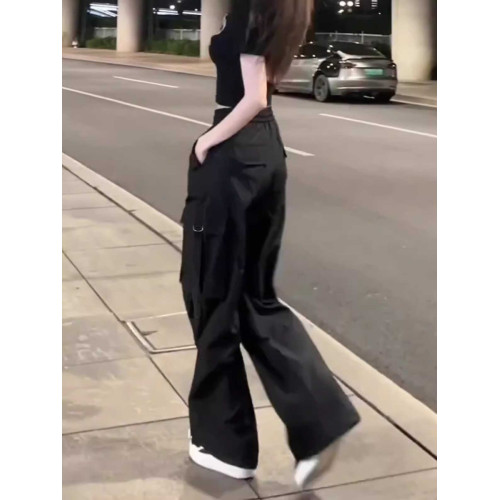 美式高街黑色工裝褲女早秋新款大碼胖MM降落傘登山褲子濶腿運動褲