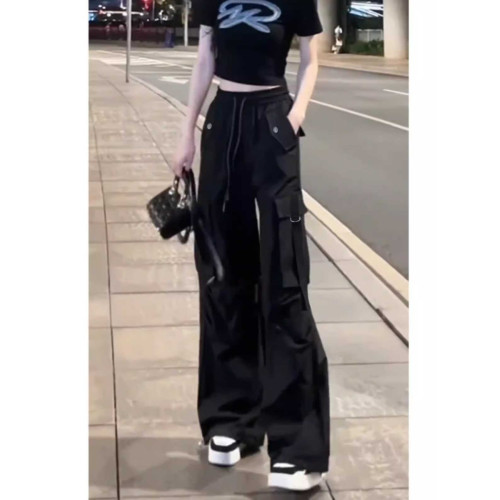 美式高街黑色工裝褲女早秋新款大碼胖MM降落傘登山褲子濶腿運動褲