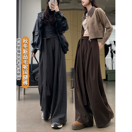高級感毛呢西裝褲女秋冬2026新款寬鬆濶腿褲高腰垂感休閒拖地褲裙