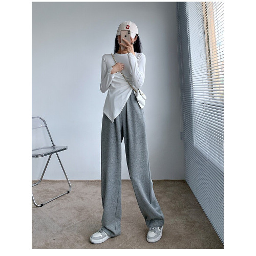 150小個子灰色運動褲女高腰垂感濶腿褲145矮個子春秋直筒八分衛褲