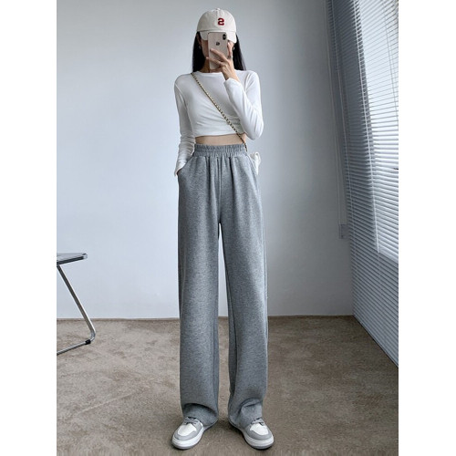 150小個子灰色運動褲女高腰垂感濶腿褲145矮個子春秋直筒八分衛褲