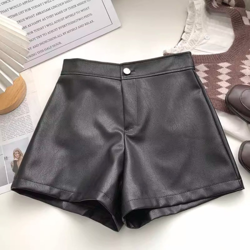 一粒釦高腰PU皮A字休閒褲女2022年秋裝韓版時尚百搭外穿濶腿短褲