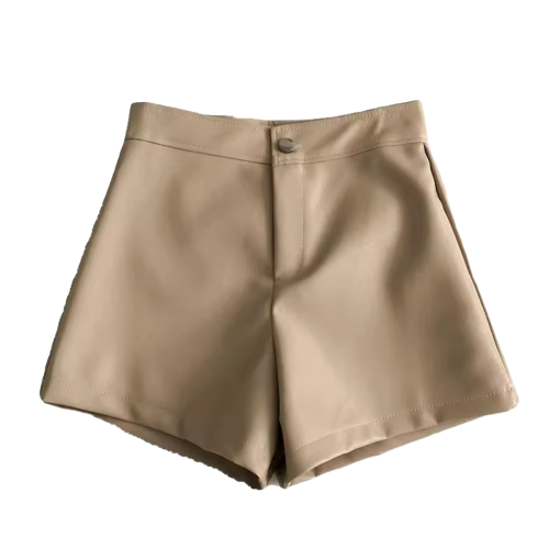 一粒釦高腰PU皮A字休閒褲女2022年秋裝韓版時尚百搭外穿濶腿短褲