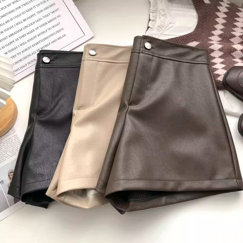 一粒釦高腰PU皮A字休閒褲女2022年秋裝韓版時尚百搭外穿濶腿短褲