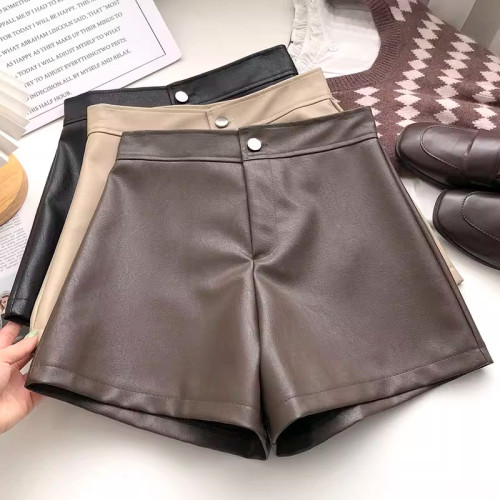 一粒釦高腰PU皮A字休閒褲女2022年秋裝韓版時尚百搭外穿濶腿短褲