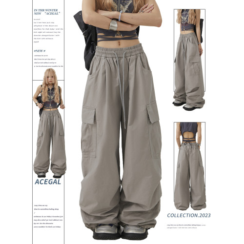 Remedie潮牌美式灰色工裝褲直筒休閒褲傘兵街舞濶腿褲嘻哈hiphop