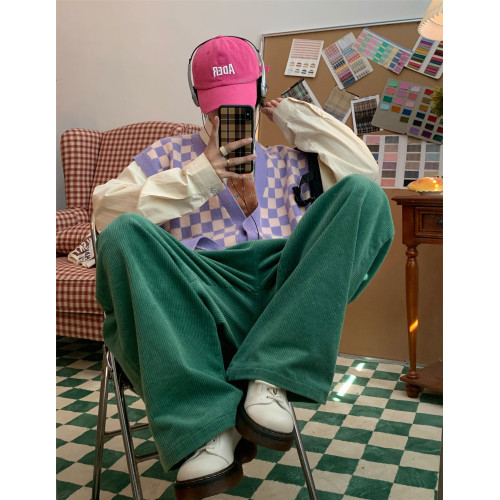 C2自製/港風復古燈芯絨休閒褲日系潮牌寬鬆濶腿褲子情侶百搭長褲