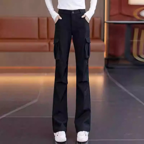 美式復古工裝褲微喇叭女款2025春秋季新款黑色高腰顯瘦降落傘兵褲