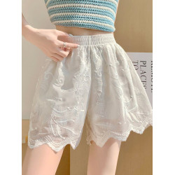 白色蕾絲刺綉短褲女夏薄款外穿高腰顯瘦休閒防走光a字國風濶腿褲