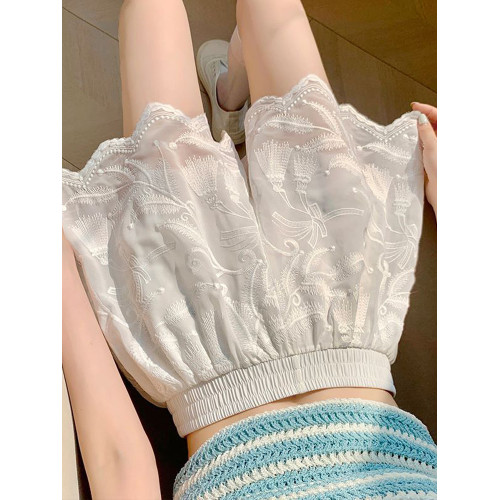 白色蕾絲刺綉短褲女夏薄款外穿高腰顯瘦休閒防走光a字國風濶腿褲