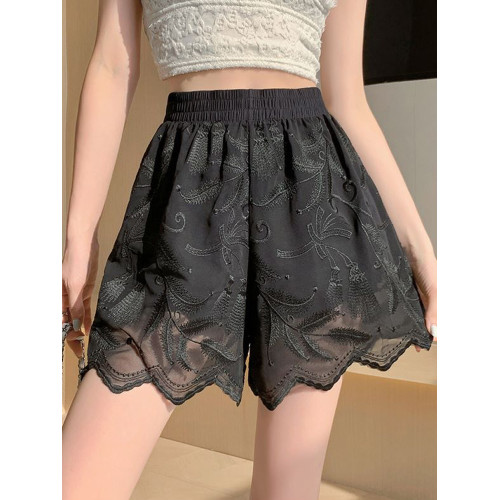 白色蕾絲刺綉短褲女夏薄款外穿高腰顯瘦休閒防走光a字國風濶腿褲