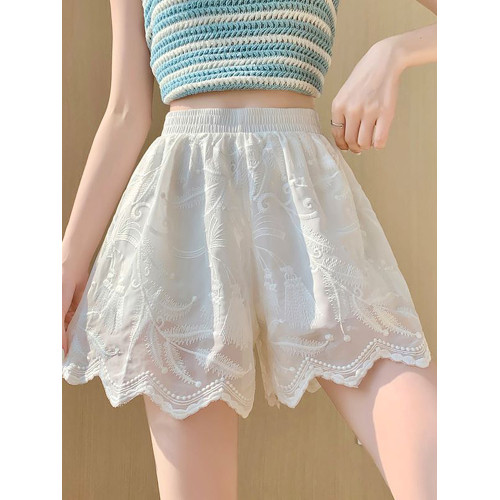 白色蕾絲刺綉短褲女夏薄款外穿高腰顯瘦休閒防走光a字國風濶腿褲