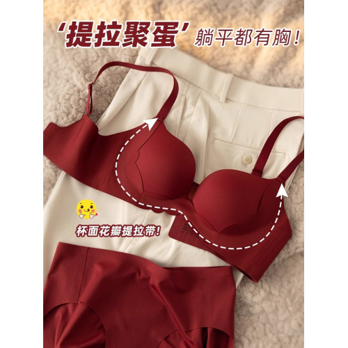 2024秋冬本命年紅色小胸聚攏內衣女提拉防下垂胸罩無鋼圈文胸套裝