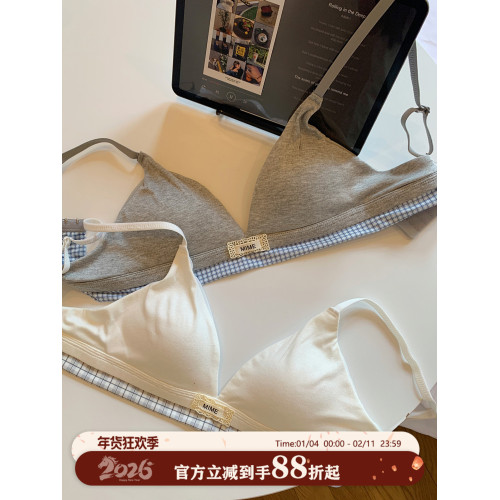 馨幫幫Bra 格紋拼接薄款小胸內衣女無鋼圈收副乳防下垂透氣文胸罩