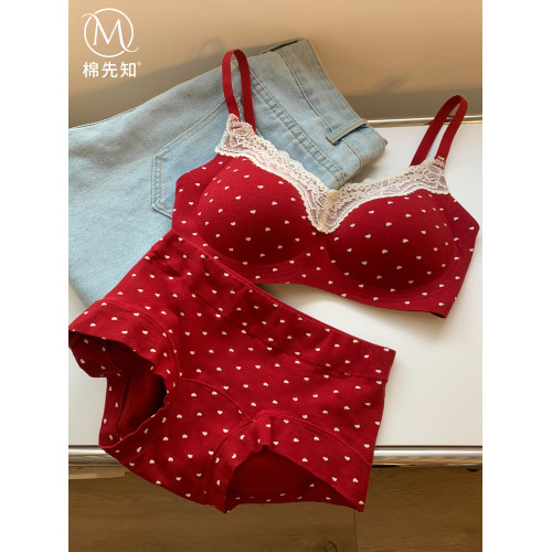 紅色本命年內衣套裝女小胸聚攏防下垂無痕結婚新娘蕾絲波點文胸罩