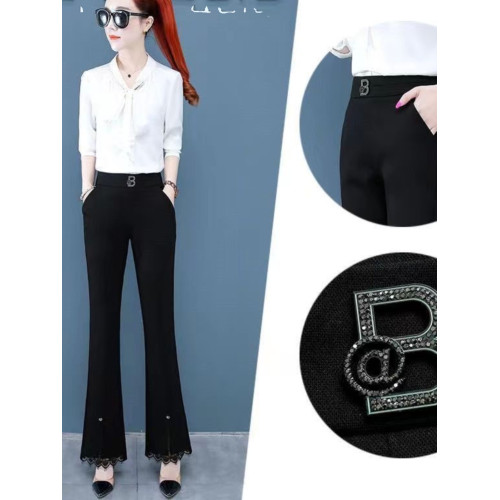 開叉花邊微喇褲女2024秋冬新款加絨百搭高腰顯瘦韓版時尚喇叭長褲