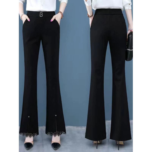 開叉花邊微喇褲女2024秋冬新款加絨百搭高腰顯瘦韓版時尚喇叭長褲