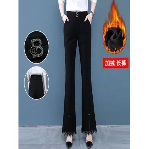 開叉花邊微喇褲女2024秋冬新款加絨百搭高腰顯瘦韓版時尚喇叭長褲