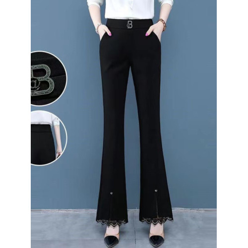 開叉花邊微喇褲女2024秋冬新款加絨百搭高腰顯瘦韓版時尚喇叭長褲