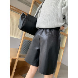 黑色pu皮濶腿短褲子女秋冬2025新款高腰寬鬆休閒a字直筒五分中褲