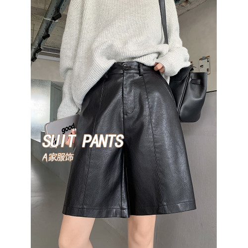 黑色pu皮濶腿短褲子女秋冬2025新款高腰寬鬆休閒a字直筒五分中褲