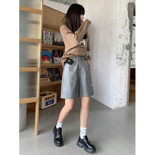 黑色pu皮濶腿短褲子女秋冬2025新款高腰寬鬆休閒a字直筒五分中褲