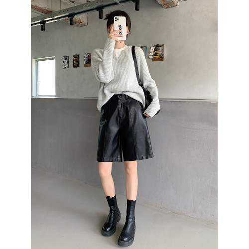 黑色pu皮濶腿短褲子女秋冬2025新款高腰寬鬆休閒a字直筒五分中褲