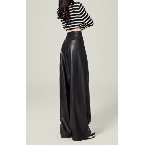 黑色皮褲女2025秋季新款高腰寬鬆直筒顯瘦PU皮濶腿褲垂感拖地褲子