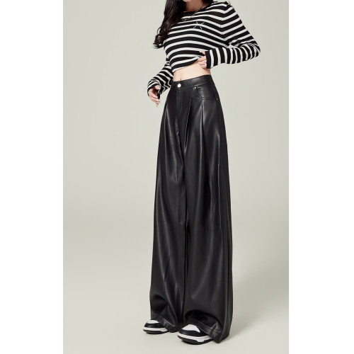 黑色皮褲女2025秋季新款高腰寬鬆直筒顯瘦PU皮濶腿褲垂感拖地褲子