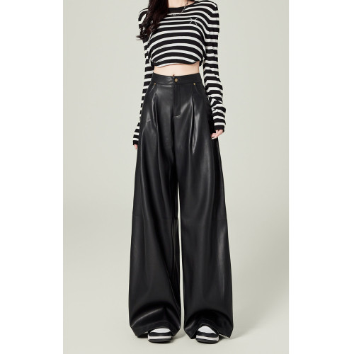 黑色皮褲女2025秋季新款高腰寬鬆直筒顯瘦PU皮濶腿褲垂感拖地褲子