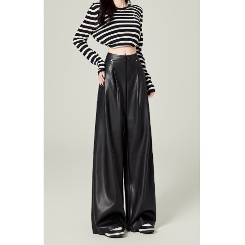 黑色皮褲女2025秋季新款高腰寬鬆直筒顯瘦PU皮濶腿褲垂感拖地褲子