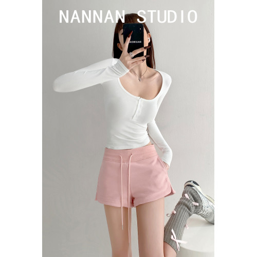 美式格調春秋辣妹舒適棉質運動短褲女休閒寬鬆心機開衩居家三分褲