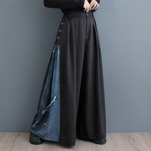 2025夏秋新款寬鬆濶腿褲新中式改良高腰拼接印花百搭休閒大碼長褲