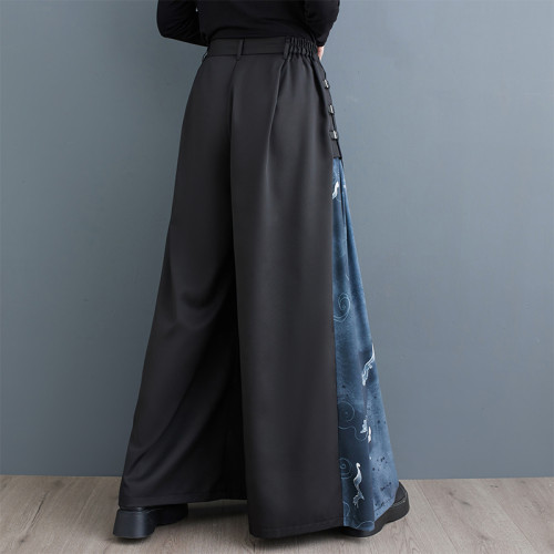 2025夏秋新款寬鬆濶腿褲新中式改良高腰拼接印花百搭休閒大碼長褲