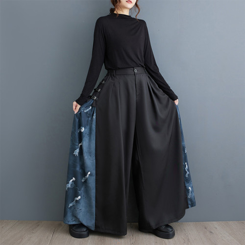 2025夏秋新款寬鬆濶腿褲新中式改良高腰拼接印花百搭休閒大碼長褲