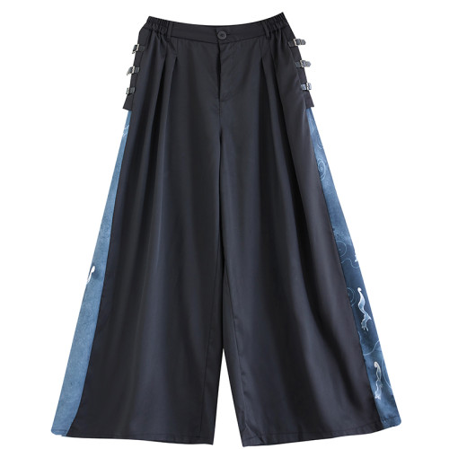 2025夏秋新款寬鬆濶腿褲新中式改良高腰拼接印花百搭休閒大碼長褲