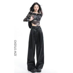 美拉德皮褲女寬鬆濶腿秋冬高腰直筒垂感辣妹PU皮黑色高級感拖地褲