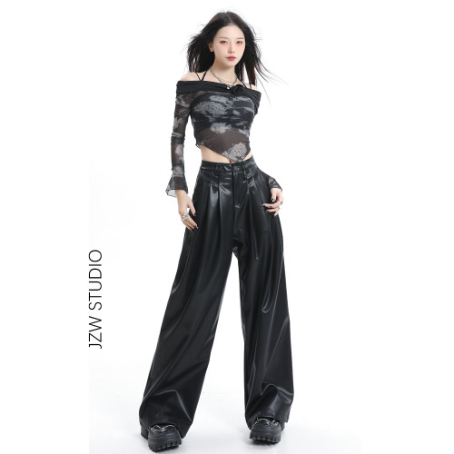 美拉德皮褲女寬鬆濶腿秋冬高腰直筒垂感辣妹PU皮黑色高級感拖地褲