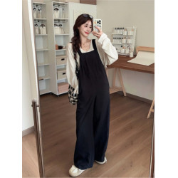 大碼女褲春季別致絕美黑色背帶褲胖mm顯瘦濶腿褲2026春季新款長褲