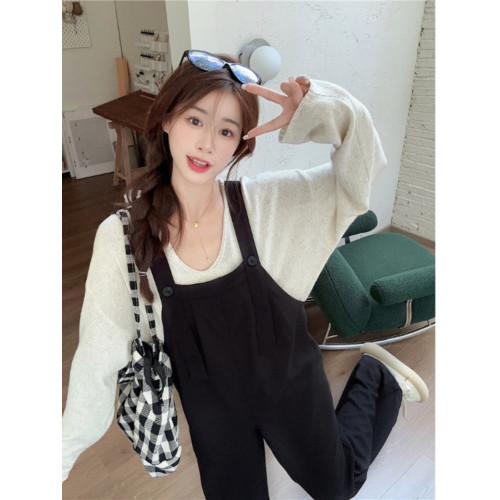 大碼女褲春季別致絕美黑色背帶褲胖mm顯瘦濶腿褲2026春季新款長褲 大碼女褲春季別致絕美黑色背帶褲胖mm顯瘦濶腿褲2026春季新款長褲